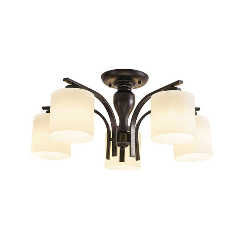 Vintage White Glass Cylinder Semi Mount Lighting 3/5/8-Light Flush Ceiling Light for Living Room in Black