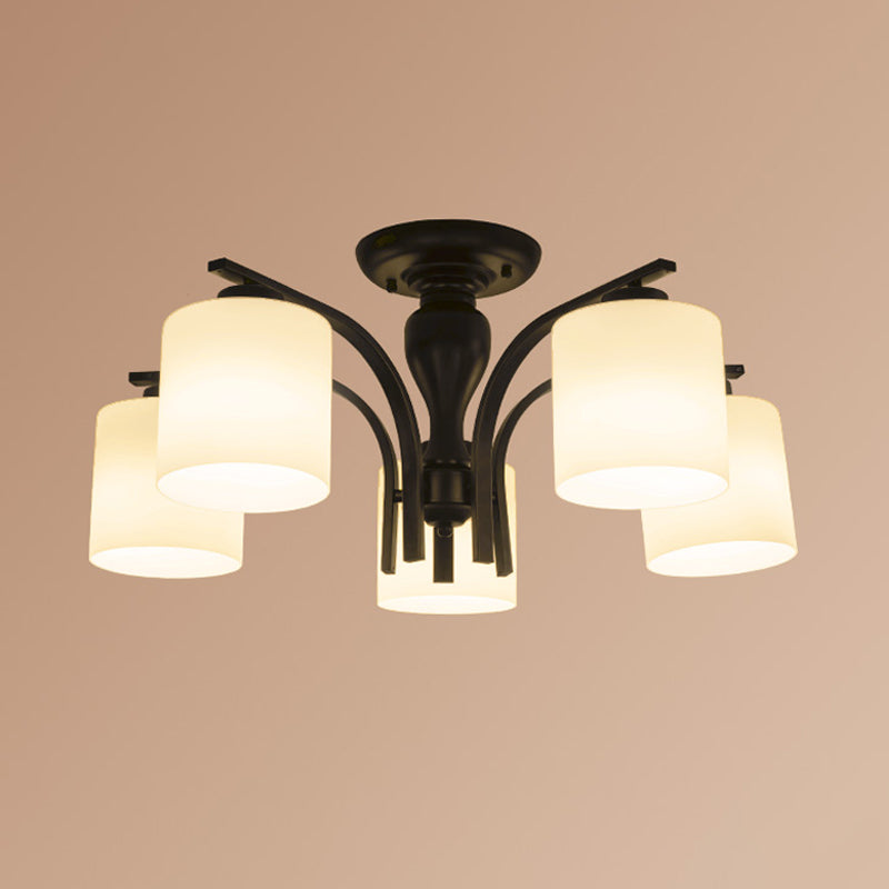 Vintage White Glass Cylinder Semi Mount Lighting 3/5/8-Light Flush Ceiling Light for Living Room in Black