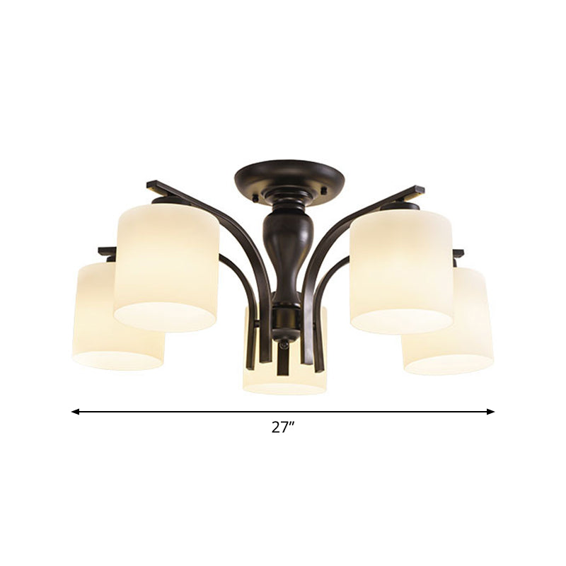 Vintage White Glass Cylinder Semi Mount Lighting 3/5/8-Light Flush Ceiling Light for Living Room in Black