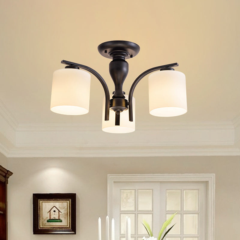 Vintage White Glass Cylinder Semi Mount Lighting 3/5/8-Light Flush Ceiling Light for Living Room in Black