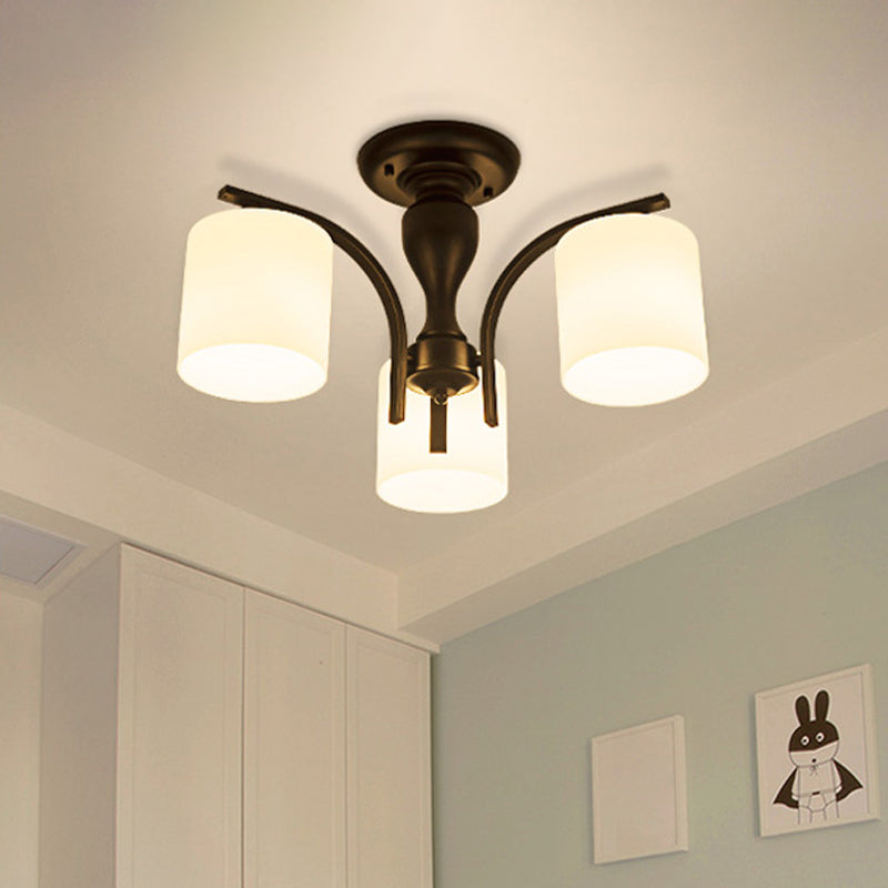 Vintage White Glass Cylinder Semi Mount Lighting 3/5/8-Light Flush Ceiling Light for Living Room in Black
