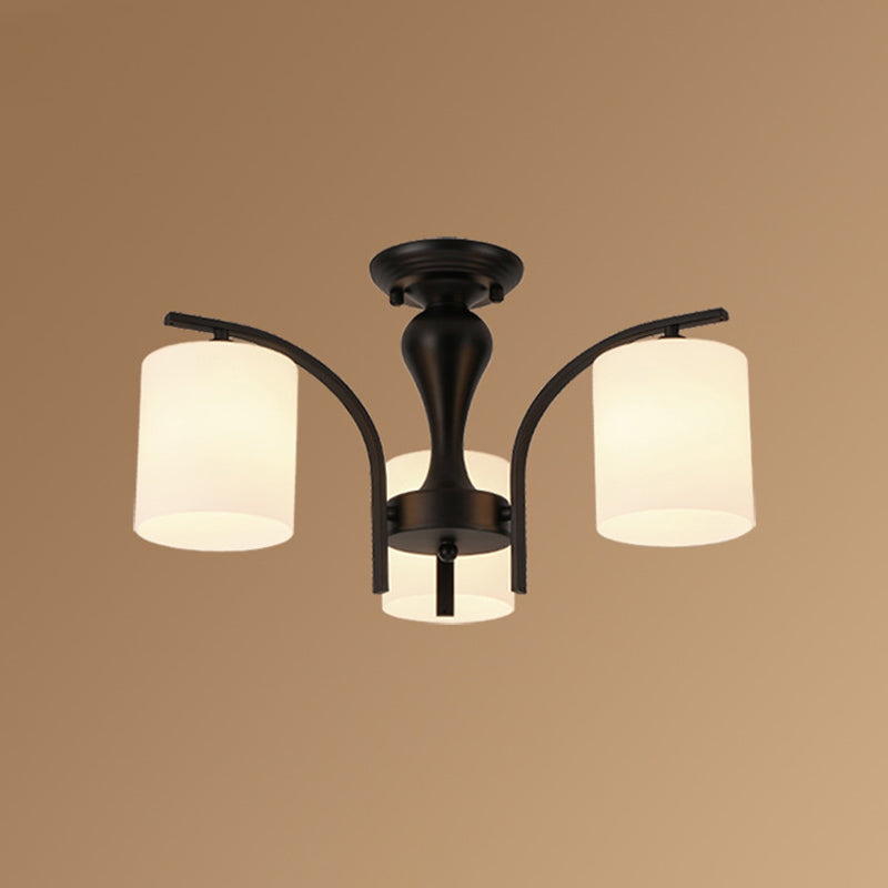 Vintage White Glass Cylinder Semi Mount Lighting 3/5/8-Light Flush Ceiling Light for Living Room in Black