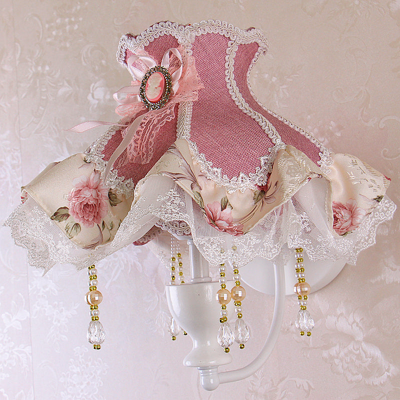 1-Light Taavita Garden Wall Light with Ruffle Pink Fabric Shade, Curved Arm, and Crystal Decoration