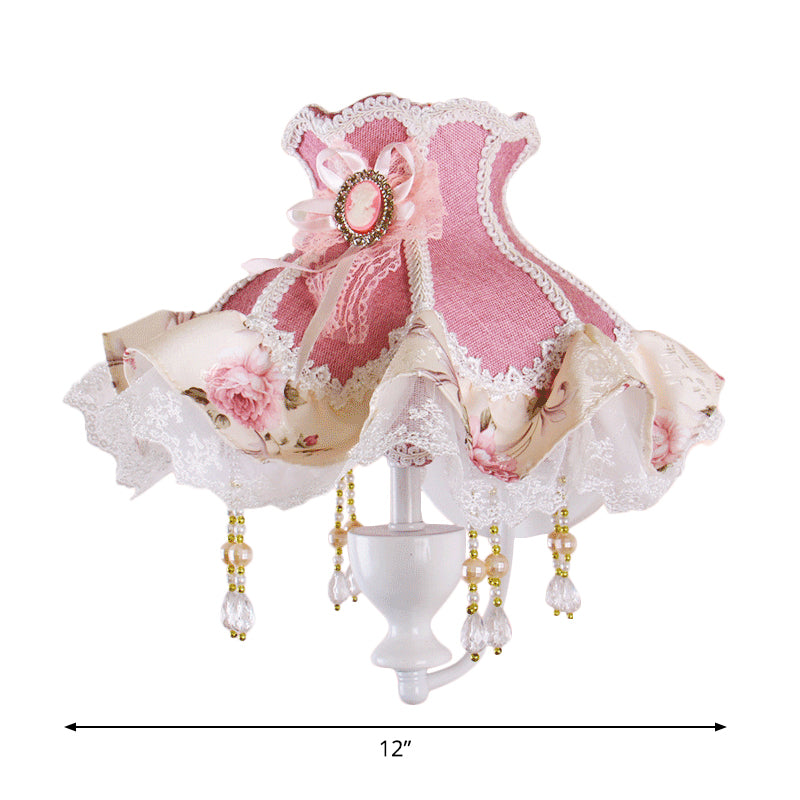 1-Light Taavita Garden Wall Light with Ruffle Pink Fabric Shade, Curved Arm, and Crystal Decoration
