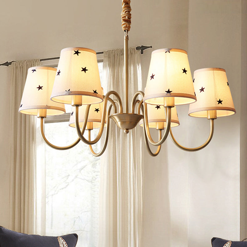 Taavita Patterned Fabric Conical Chandelier Rustic 3/5/6 Lights Bedroom Ceiling Hanging Lamp in Gold