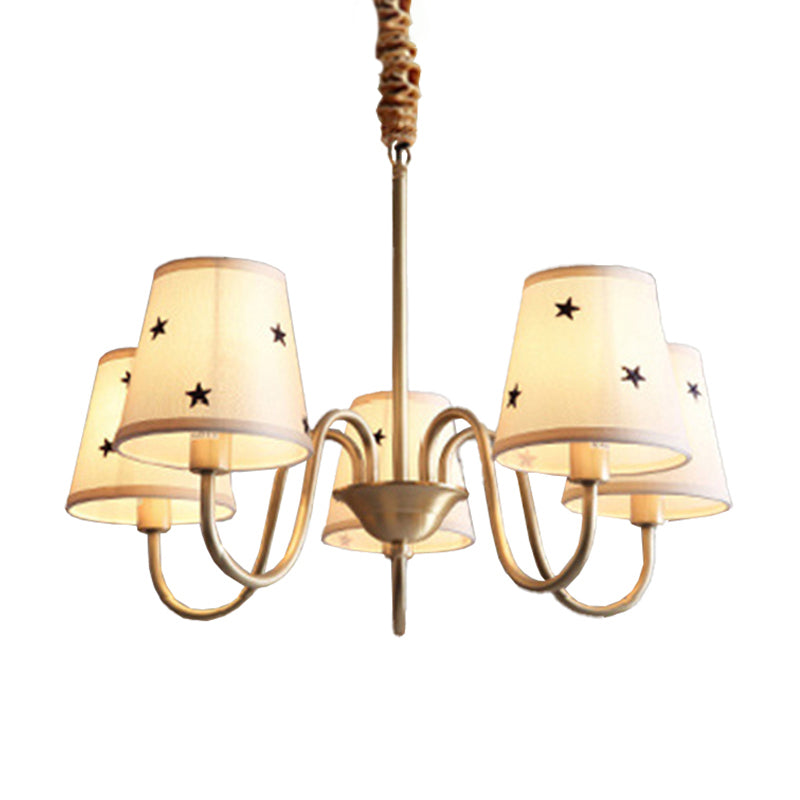 Taavita Patterned Fabric Conical Chandelier Rustic 3/5/6 Lights Bedroom Ceiling Hanging Lamp in Gold