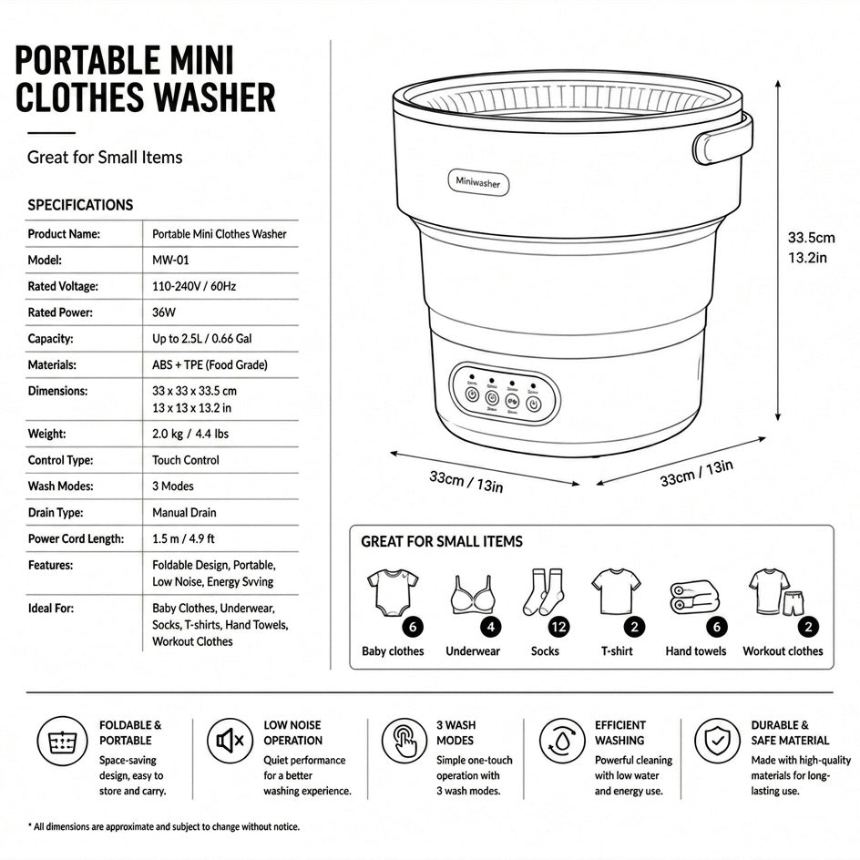 Portable Foldable Washing Machine with 5 Wash Settings and 40dB Noise Level