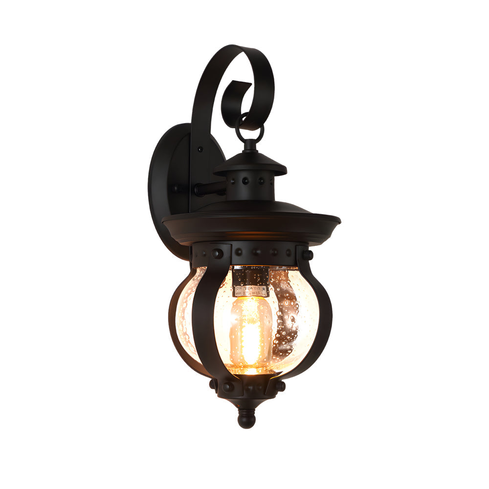 1-Light Black Outdoor Wall Lantern with Curved Arm and Seeded Glass Globe LED by Taavita