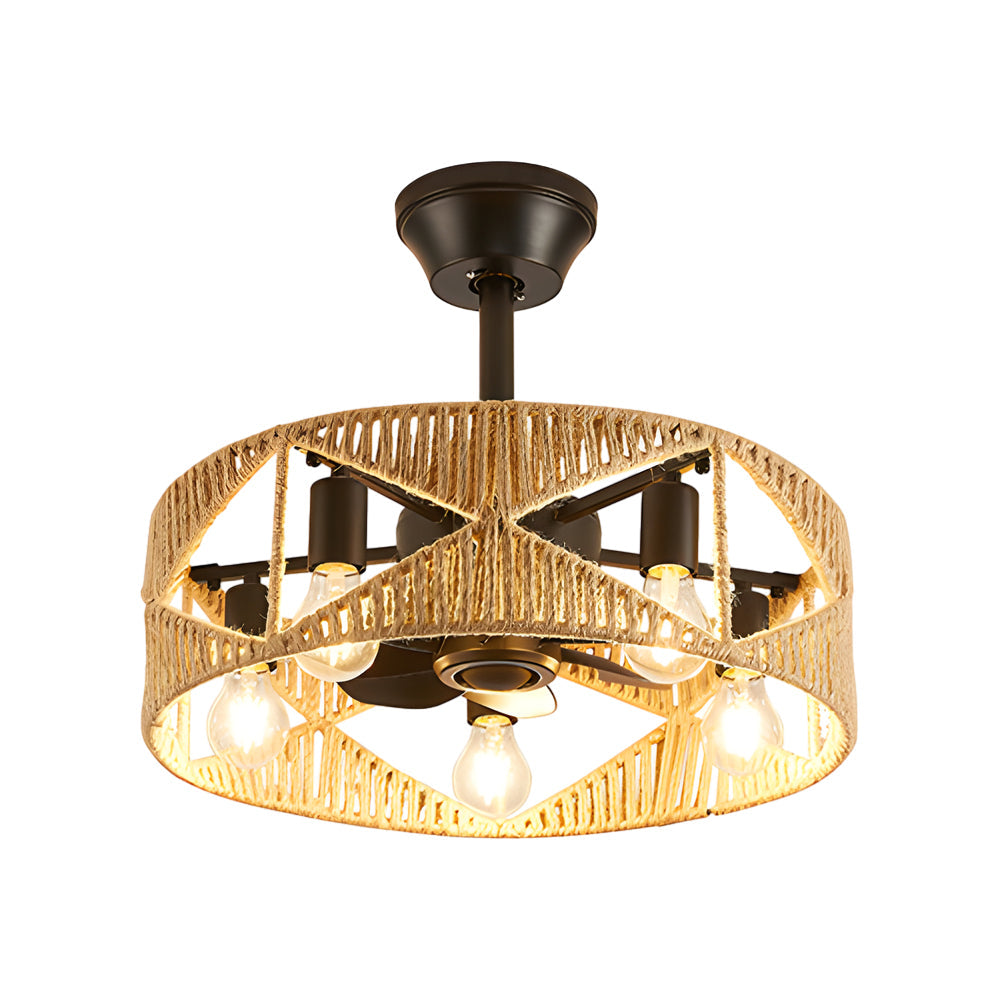 20-inch Rope-Woven Caged Ceiling Fan with Light and Remote, 6-Speed