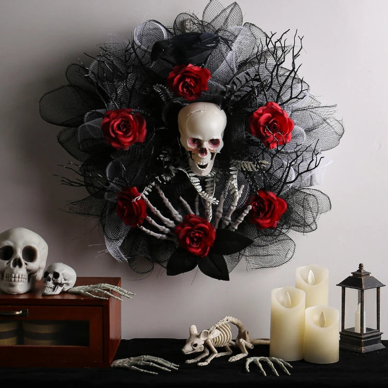 Skull and Red Rose Halloween Wreath for Front Door Decoration
