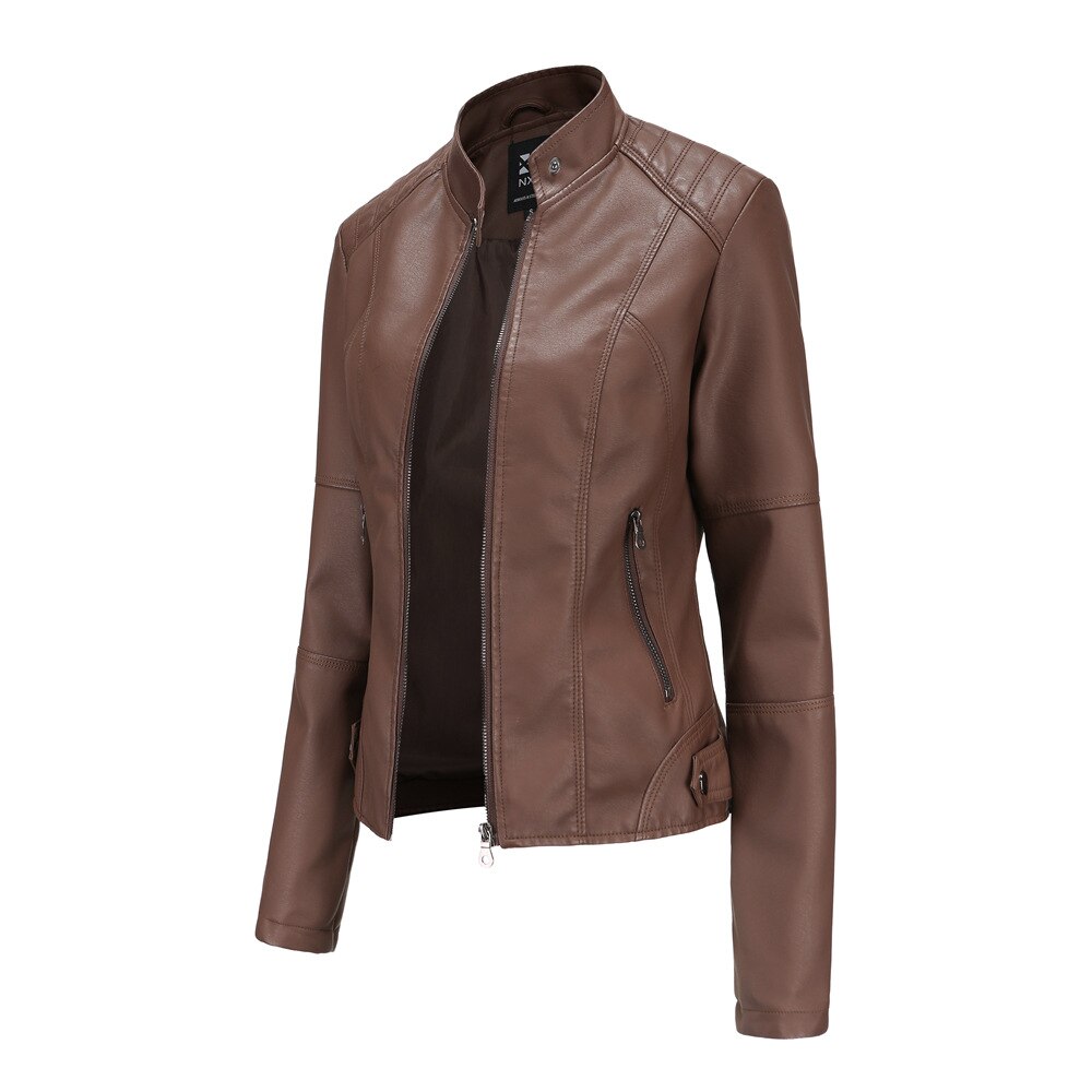 Women’s Leather Jacket | Mao Collar Design | PU Leather & Polyester Lining | Comfortable Fit