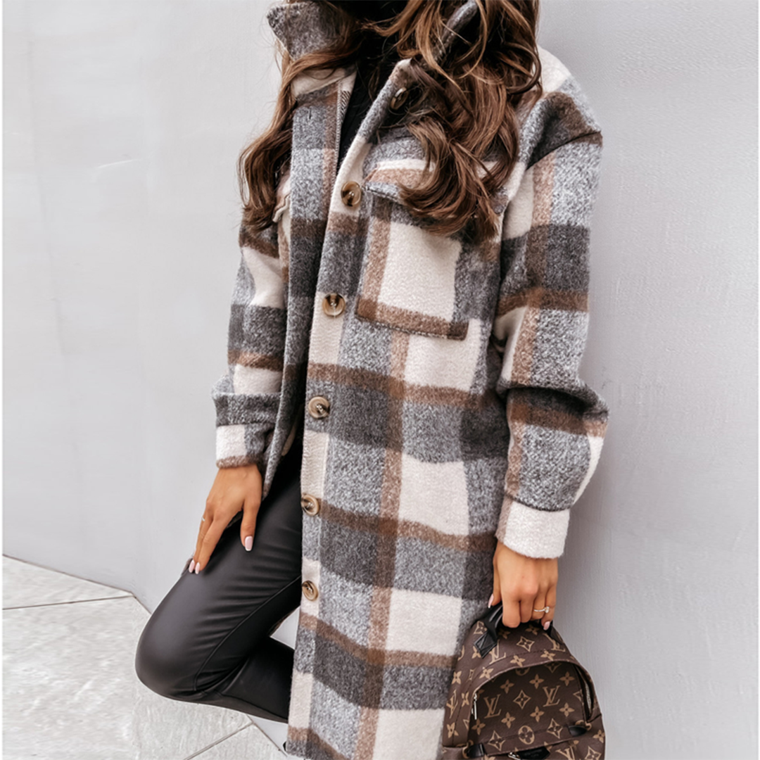 Women’s Longline Coat | Plaid Pattern | Wool Blend & Front Button Closure | Versatile Fall Outerwear