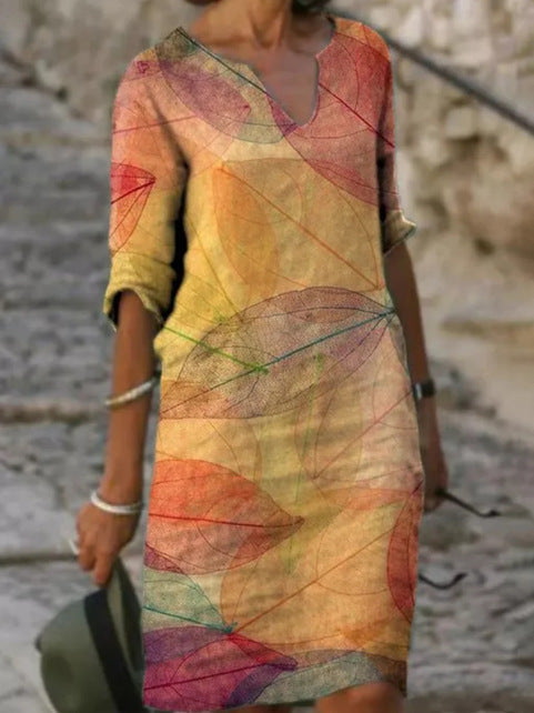 Women's Knee-Length Dress | Timeless V-Neck & 3/4 Sleeves | Polyester Fiber | All-Day Comfort