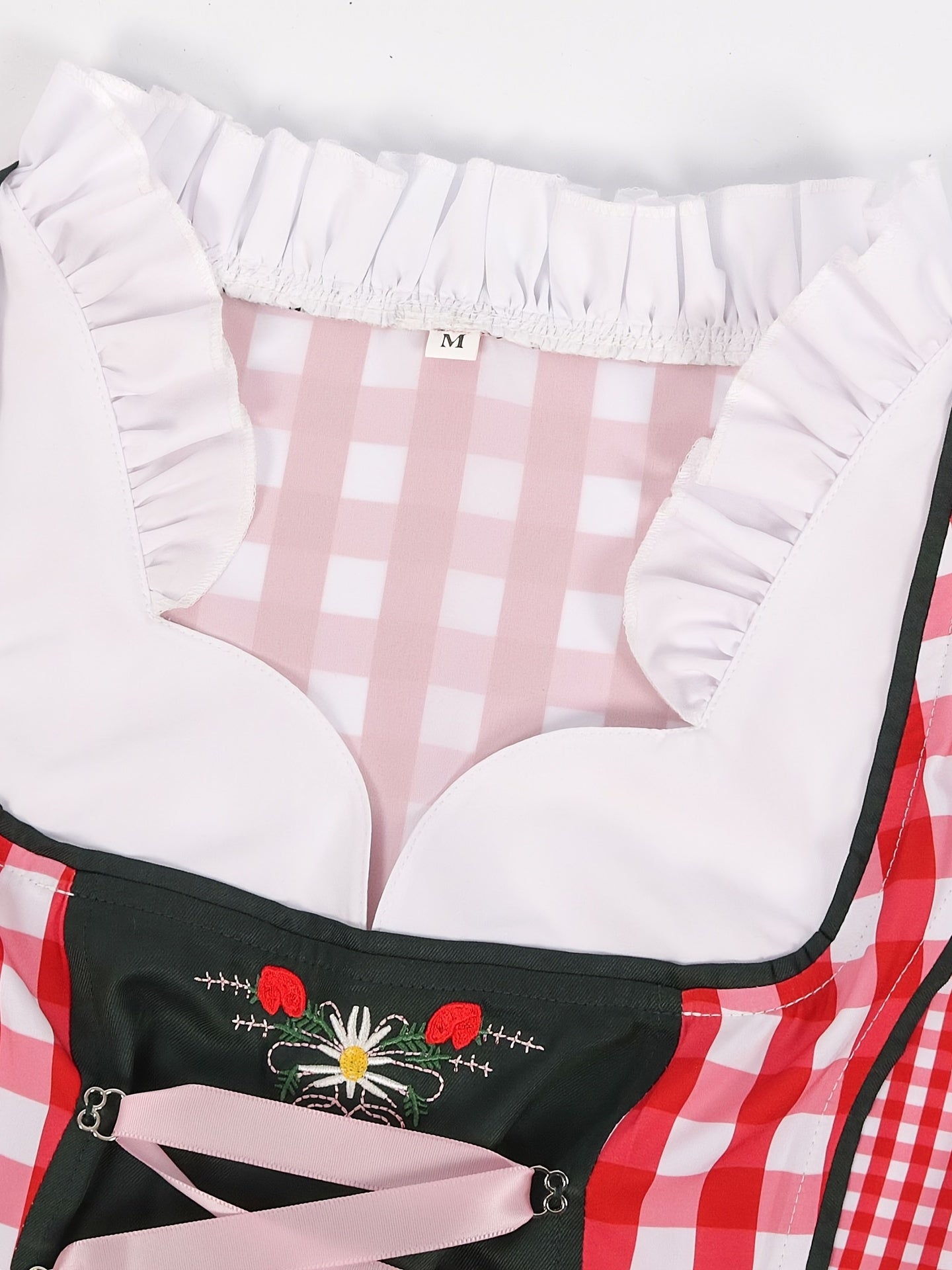 Women's Oktoberfest Dirndl Dress Red Gingham Checkered with Embroidery
