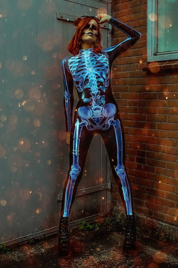 Halloween Skeleton Bodysuit with Glow Blacklight Effect