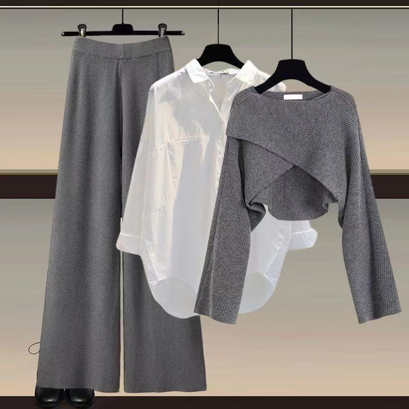 Women’s Three-Piece Comfort Set | Asymmetrical Knit & Wide-Leg Trousers | Soft Stretch Fabric | Versatile Styling