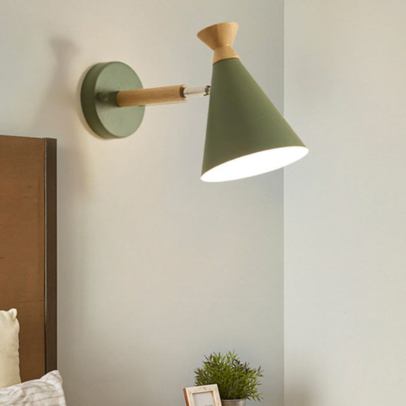 Iron Conical Wall Mounted Lamp Contemporary 1 Bulb Wall Lighting Ideas with Wood Top Black Clearhalo 'Cast Iron' 'Glass' 'Industrial' 'Modern wall lights' 'Modern' 'Tiffany' 'Traditional wall lights' 'Wall Lamps & Sconces' 'Wall Lights' Lighting' 2024534