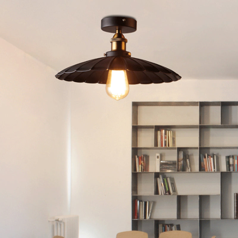 Black Tapered Semi Mount Lighting Factory Iron 1-Head Dining Room Close to Ceiling Light Black Large Wide Flare Clearhalo 'Ceiling Lights' 'Close To Ceiling Lights' 'Close to ceiling' 'Semi-flushmount' Lighting' 2024806