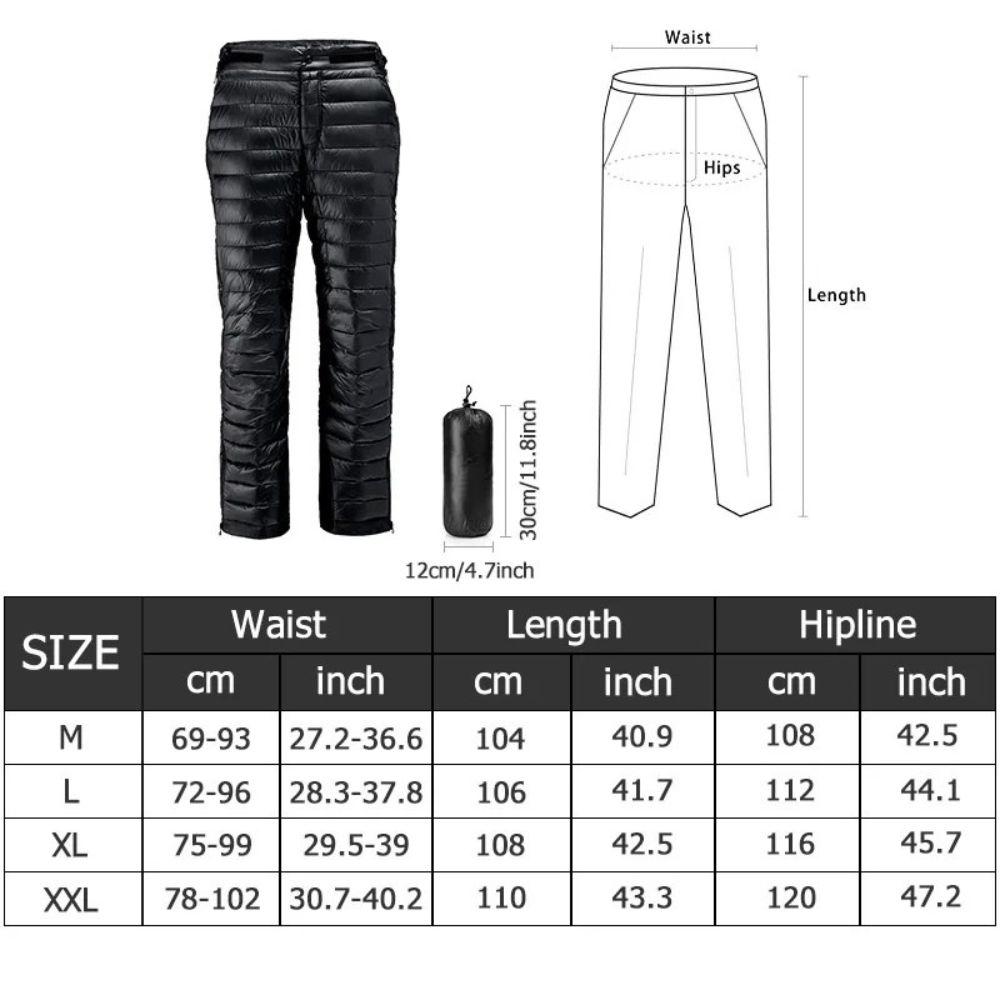 Insulated Goose Down Trousers for Outdoor Camping, Hiking, and Skiing