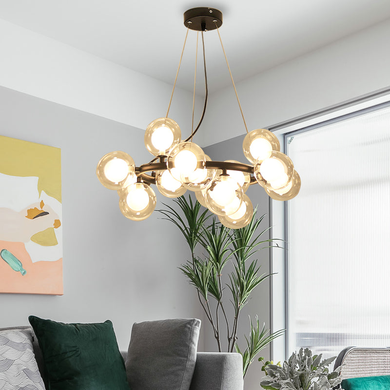 Taavita Ceiling Light Fixture Modernist Glass Chandelier Lamp Black/Gold Finish with Metal Ring - 15/25 Bulbs