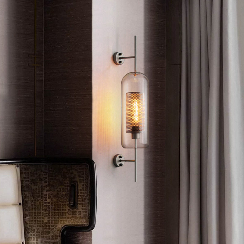 Pill Capsule Wall Lighting Fixture Modernism Clear Glass 1-Bulb Bathroom Wall Lamp Sconce with Inside Mesh Screen Clearhalo 'Cast Iron' 'Glass' 'Industrial' 'Modern wall lights' 'Modern' 'Tiffany' 'Traditional wall lights' 'Wall Lamps & Sconces' 'Wall Lights' Lighting' 2038977