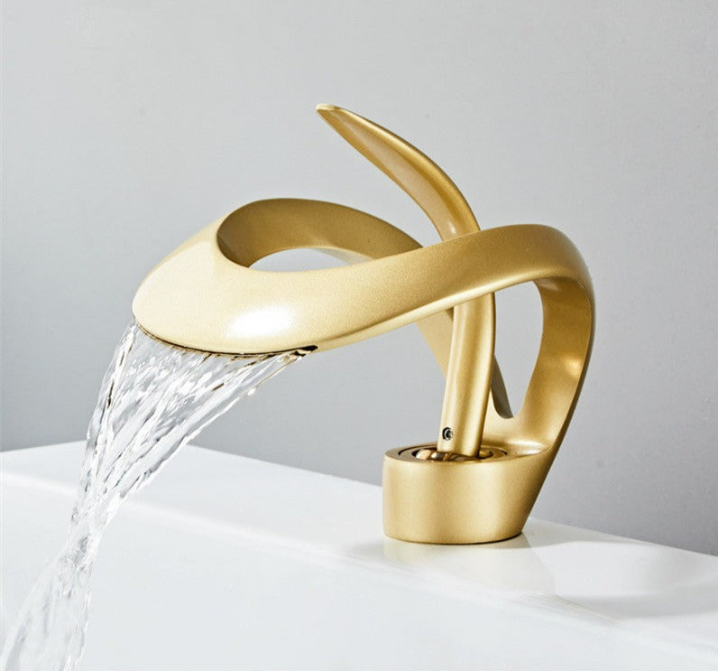 Bathroom Faucet | Waterfall Spout & Curved Loop Design | Solid Brass & Brushed Gold Finish | Easy Single-Handle Control