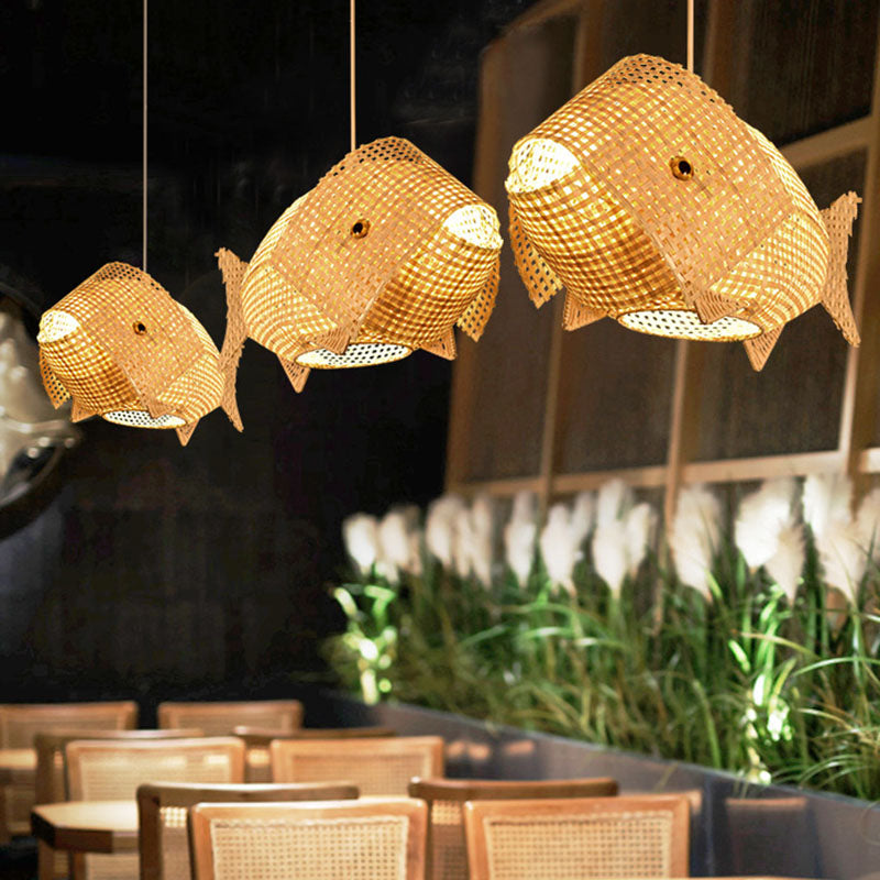 Taavita Fish-Shaped Hanging Restaurant Lamp Made of Lightweight Bamboo with 1 Head in Wood for Asian Ceiling