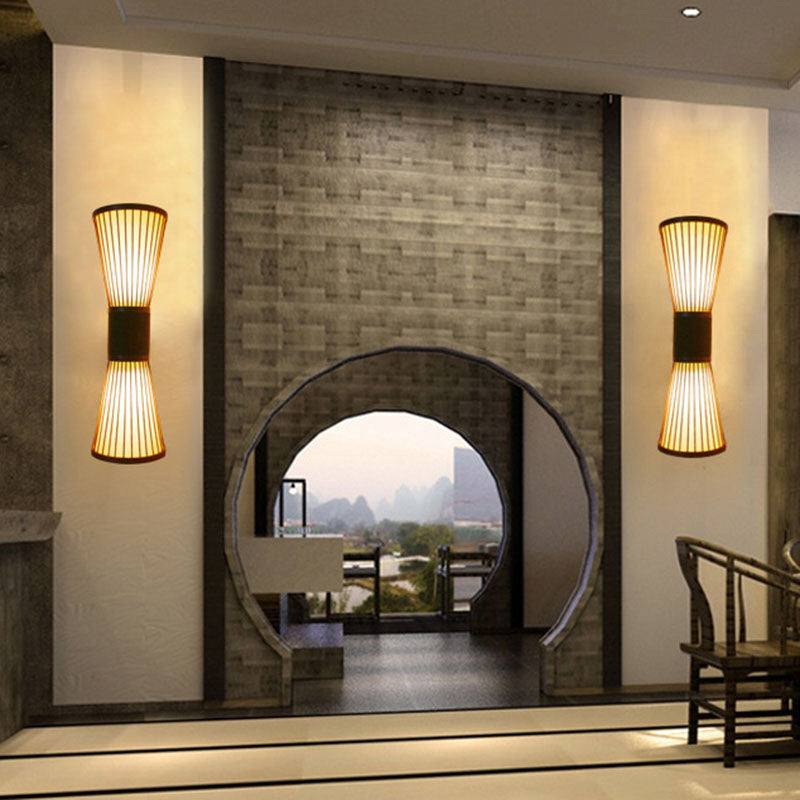 1 Head Taavita Wood Corridor Wall Light Sconce with Hourglass Bamboo Shade - 220V-240V 110V-120V, E26/E27 Base, Rattan Material, Oriental Style