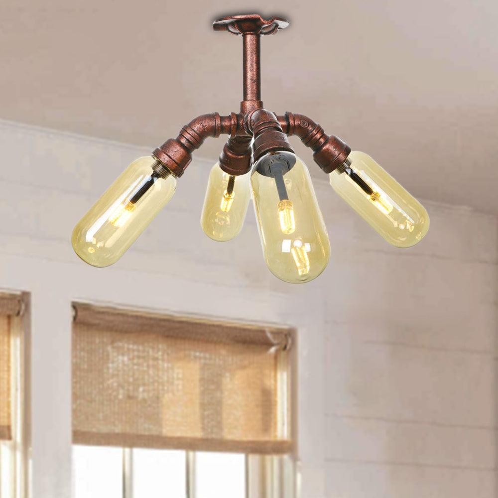 Antique Copper 4/6 Lights Ceiling Mount Rustic Style Amber Glass Sputnik Semi Flush Light Clearhalo 'Ceiling Lights' 'Close To Ceiling Lights' 'Close to ceiling' 'Semi-flushmount' Lighting' 206048