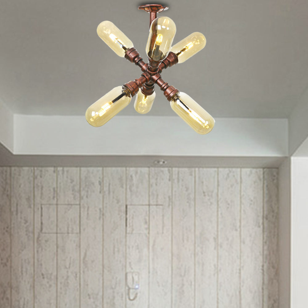 Antique Copper 4/6 Lights Ceiling Mount Rustic Style Amber Glass Sputnik Semi Flush Light Clearhalo 'Ceiling Lights' 'Close To Ceiling Lights' 'Close to ceiling' 'Semi-flushmount' Lighting' 206056