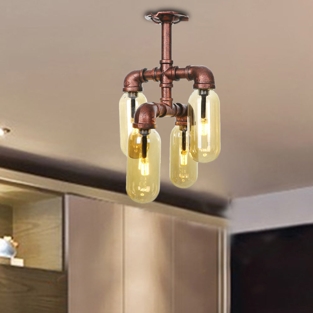 Antique Copper 4/6 Lights Ceiling Mount Rustic Style Amber Glass Sputnik Semi Flush Light Clearhalo 'Ceiling Lights' 'Close To Ceiling Lights' 'Close to ceiling' 'Semi-flushmount' Lighting' 206049
