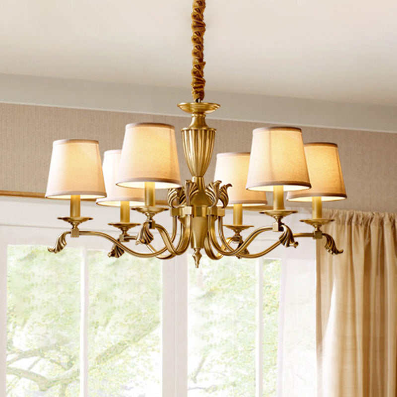 Brass Candelabra Ceiling Lighting Modern Metallic Chandelier Light Fixture with Tapered Fabric Shade 5 Brass Clearhalo 'Ceiling Lights' 'Chandeliers' 'Modern Chandeliers' 'Modern' Lighting' 2063595