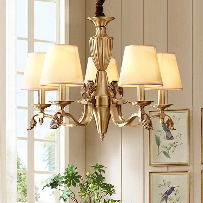 Brass Candelabra Ceiling Lighting Modern Metallic Chandelier Light Fixture with Tapered Fabric Shade 6 Brass Clearhalo 'Ceiling Lights' 'Chandeliers' 'Modern Chandeliers' 'Modern' Lighting' 2063593