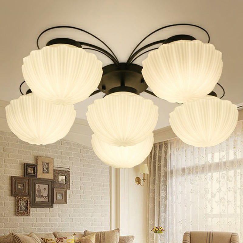 Ribbed Cream Glass Black Flush Mount Chandelier Bowl Classic Semi Flush Light Fixture for Dining Room Clearhalo 'Ceiling Lights' 'Close To Ceiling Lights' 'Close to ceiling' 'Glass shade' 'Glass' 'Semi-flushmount' Lighting' 2092272