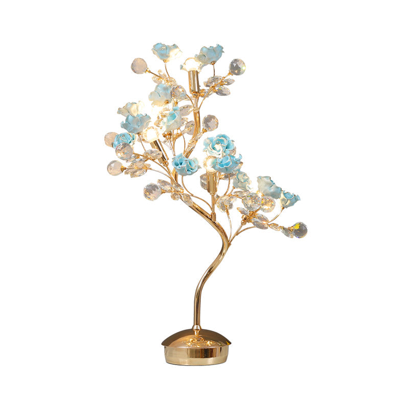 5 Heads Taavita Garden Rose Ceramic Table Lamp with Crystal Accents - Nightstand Lighting