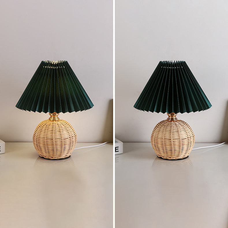 Contemporary Nordic Rattan Weave Table Lamp with Pleated Cone Shade, LED, for Bedroom