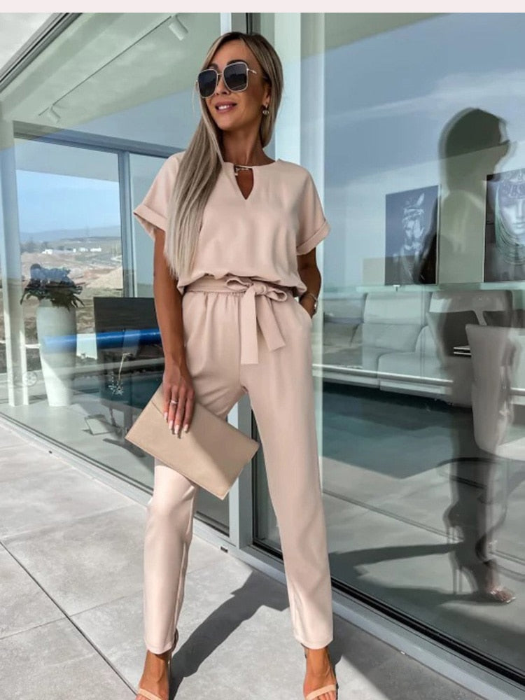 Women's Jumpsuit | Short-Sleeve with Tie Belt | Tailored Fit | Versatile Office & Event Wear