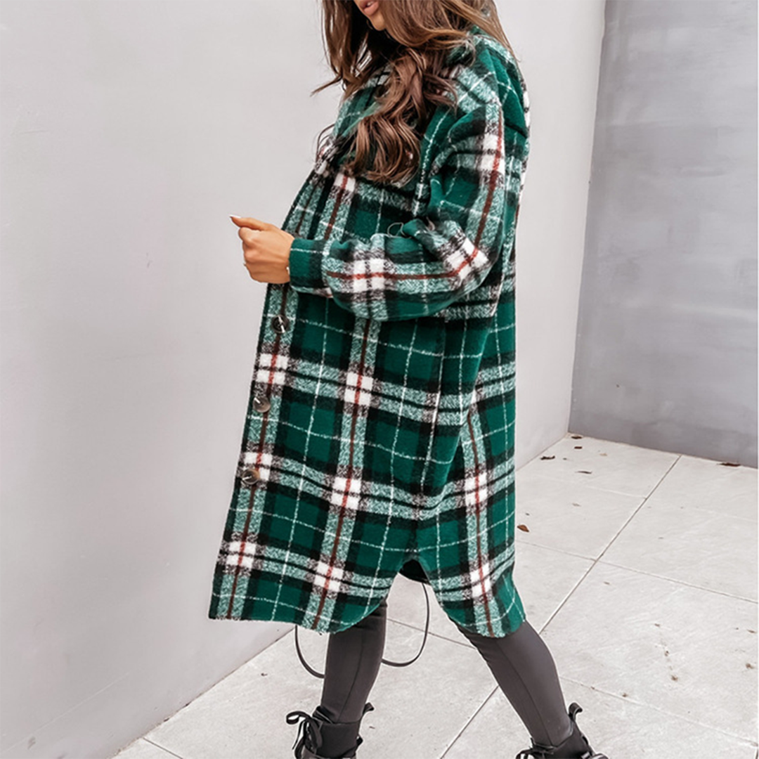 Women’s Longline Coat | Plaid Pattern | Wool Blend & Front Button Closure | Versatile Fall Outerwear