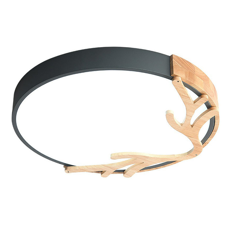 Metal Ultrathin Circle Flush Ceiling Light with Wooden Antler Decor | Taavita LED Flush Mount Lighting Fixture