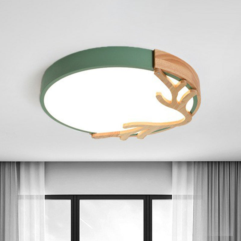 Metal Ultrathin Circle Flush Ceiling Light Simplicity LED Flush Mount Lighting Fixture with Wooden Antler Decor Pink Clearhalo 'Ceiling Lights' 'Close To Ceiling Lights' 'Close to ceiling' 'Flush mount' Lighting' 2162277