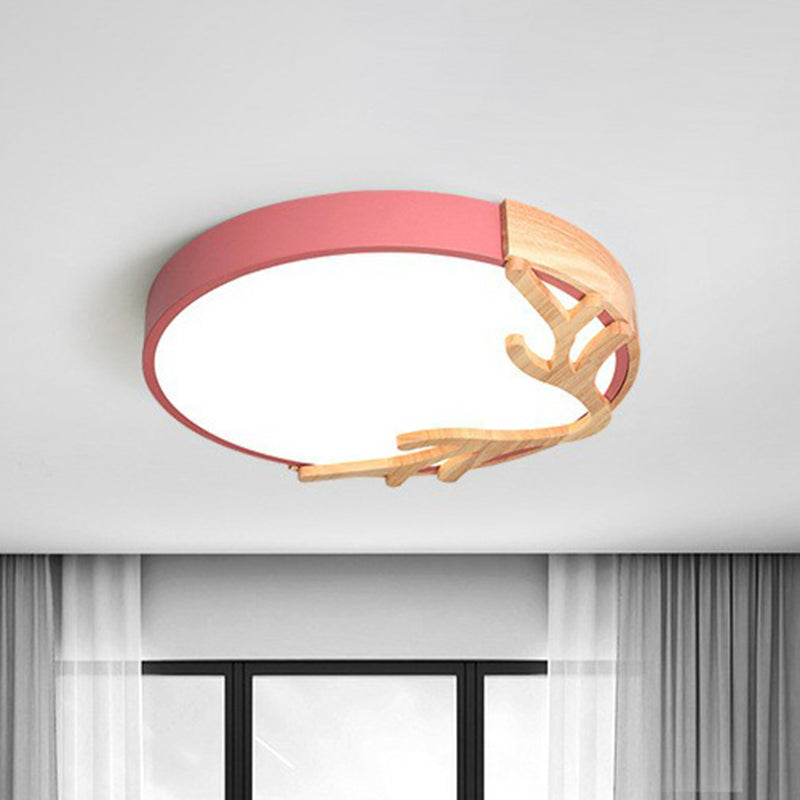 Metal Ultrathin Circle Flush Ceiling Light with Wooden Antler Decor | Taavita LED Flush Mount Lighting Fixture