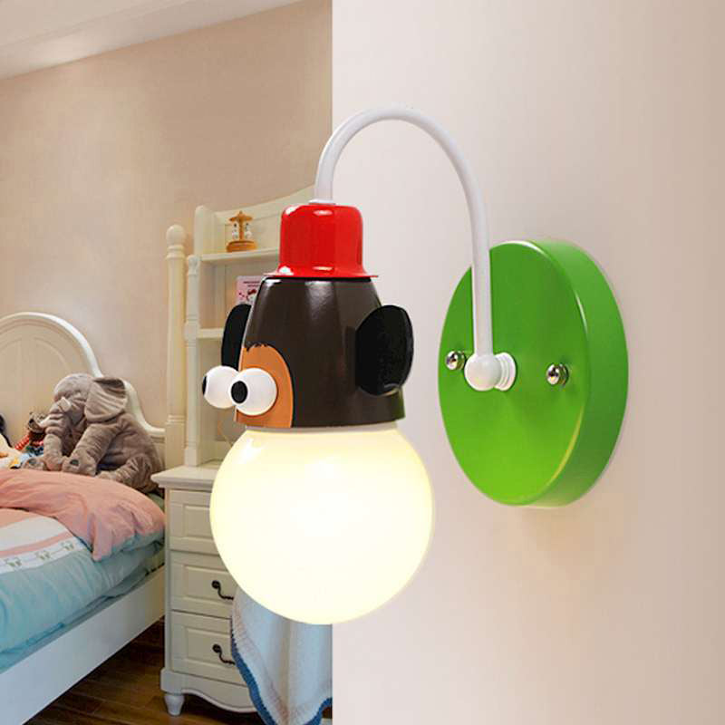 Cartoon Sphere Wall Light Fixture Opal Glass Single-Bulb Nursery Wall Mounted Lamp with Animal Decor Green B Clearhalo 'Wall Lamps & Sconces' 'Wall Lights' Lighting' 2187556