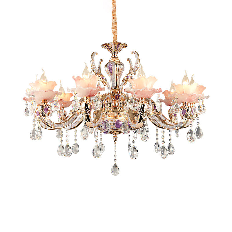 Taavita Ruffles Floral Chandelier Light Retro Opaque Glass Living Room Pendant Light with Hanging Crystal - Pink Color, 1-15 Lights, Traditional Style, Round Canopy Shape, E12/E14 Bulb Base, 110V-120V/220V-240V.