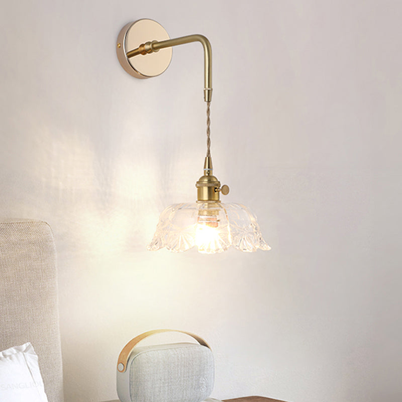 Shaded Glass Wall Light Fixture Vintage Single-Bulb Bedside Wall Mounted Lamp in Gold Gold H Clearhalo 'Art deco wall lights' 'Cast Iron' 'Glass' 'Industrial wall lights' 'Industrial' 'Middle century wall lights' 'Modern' 'Rustic wall lights' 'Tiffany' 'Traditional wall lights' 'Wall Lamps & Sconces' 'Wall Lights' Lighting' 2216306