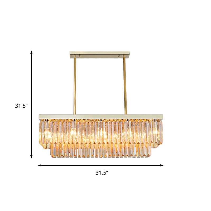 Contemporary Clear/Amber Crystal Block 8 Light Hanging Lamp Kit for Dining Room Island, 31.5"/39" W