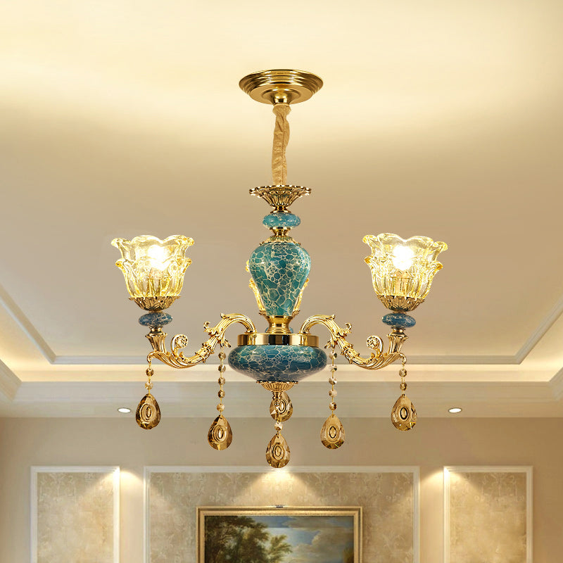 2-Layered Flower Chandelier with Vintage Gold Finish and Clear Glass Shade for Hanging Ceiling Light