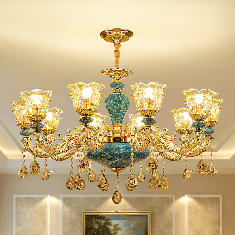 2-Layered Flower Chandelier Vintage Gold Finish Clear Glass Hanging Ceiling Light Clearhalo 'Ceiling Lights' 'Chandeliers' Lighting' options 2275628