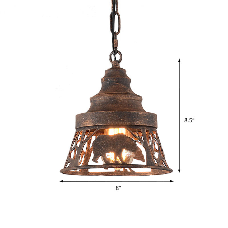 8"/12"/18" W Tapered Hanging Ceiling Light Country Metal Pendant Lighting with Animal Pattern - Rust Finish, 1/2 Lights for Restaurant