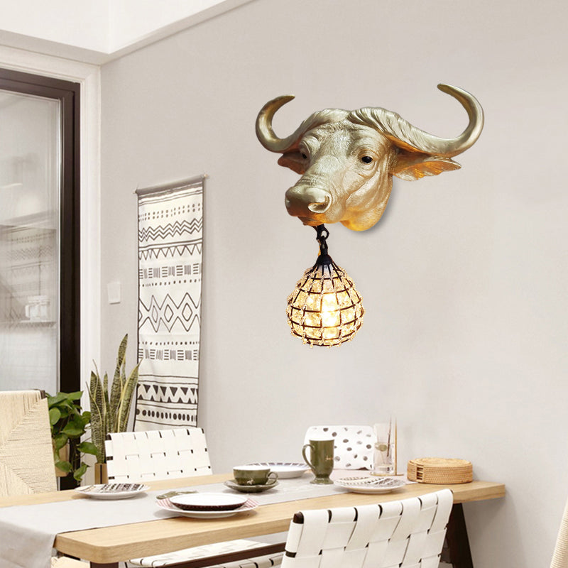1 Light Wall Lamp Lighting Country Cattle Metal Sconce Light Fixture in Gold with Crystal/Glass Shade Clearhalo 'Wall Lamps & Sconces' 'Wall Lights' Lighting' 230063