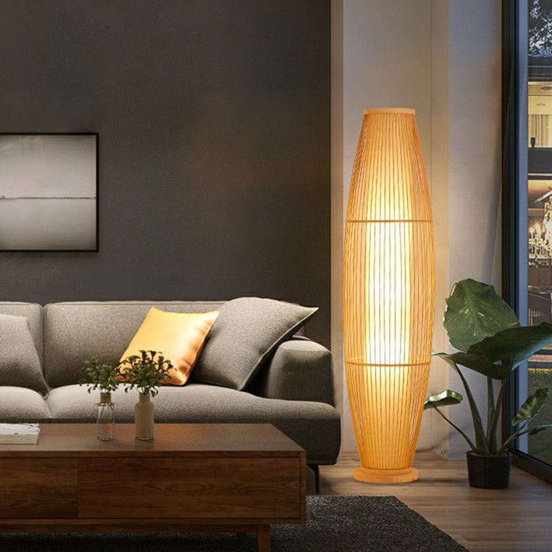 Taavita Living Room Floor Light Modern Wooden Standing Lamp with Oval Rattan Bamboo Cage Shade